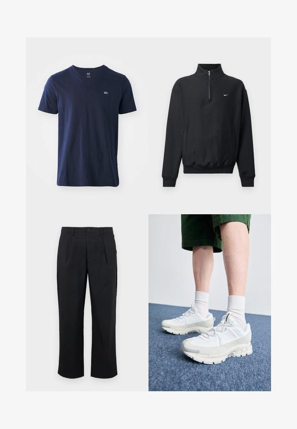 Juodas džemperis su aukštu užtrauktuku, ilgomis rankovėmis, šoninėmis kišenėmis ir elastinga juosmeniu. Yra mažas baltas Nike logotipas krūtinėje.; Tamsiai mėlyna medvilninė marškinėliai su V-kaklu, trumpomis rankovėmis ir mažuoju išsiuvinėtu logotipu krūtinėje. Švelni tekstūra ir kasdieniškas dizainas.; Juodos kelnės su tiesia pritaikymo forma, su raukšlėmis priekyje, mygtuko uždarymu ir lygiu audinio tekstūru.; Baltos sportinės bateliai su tekstūruotais uždengimais, masyviu padu ir pilkais akcentais. Dėvimi su baltais trumpais kojiniais ir žaliais šortais mėlyname paviršiuje.