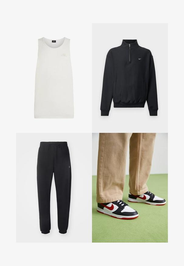 Black sweatshirt with a high zipper collar, long sleeves, side pockets, and elastic waistband. Features a small white Nike logo on the chest.; White tank top made of lightweight fabric. Features a round neckline and a small, embossed logo on the chest. Simple, plain design.; Black sweatpants made of soft material with an elastic waistband, drawstring, and tapered cuffs, featuring a subtle logo on the side.; Nike Dunk sneakers feature a black leather design with red accents and a white swoosh. The sole is red, with a textured white toe cap.
