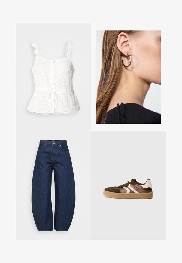 Lys grå sweatshirt med rund hals, lange ærmer, ribbede manchetter og en let cropped kant. Har diskret syning foran.; Hvid blonde-top med bølgede stropper, knaplukning foran, peplum-nederdel og justerbar snøreliv. Delikat blomstermønster hele vejen igennem.; Mørkeblå denim jeans med høj talje og brede ben, frontknap og lynlås lukning samt klassisk fem-lomme design.; Brune og creme sneakers med en kombination af ruskind og satin materialer, der har tre diagonale striber og en struktureret gummisål.; Sølv hoop ørestik med en poleret overflade, prydet med små guld accenter og en rund form, båret på øreflippen.