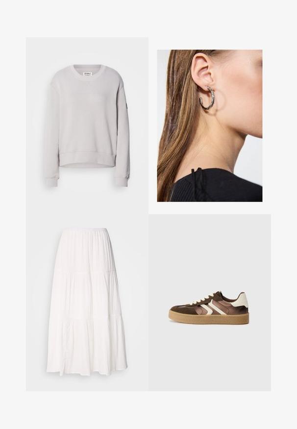 Väike hall sweatshirt, millel on ümmargune kaelus, pikad varrukad, soonikkoes mansetid ja kergelt lühendatud hem. Esipaneelil on peened õmblused.; Valkoinen, kerroksellinen midi-hame, jossa on kuminauhavyötärö. Hameessa on pehmoista, kevyttä kangasta ja hieman ryppyinen pinta.; Ruskeat ja kermaiset tennarit, joissa on mokkanahka- ja satiinimateriaaleja, kolmena vinona nauhana ja teksturoitu kumipohja.; Hopea renkaankorvakoru kiiltävällä pinnalla, jossa on pieniä kultaisia yksityiskohtia ja pyöreä muoto, käytetty korvalla.