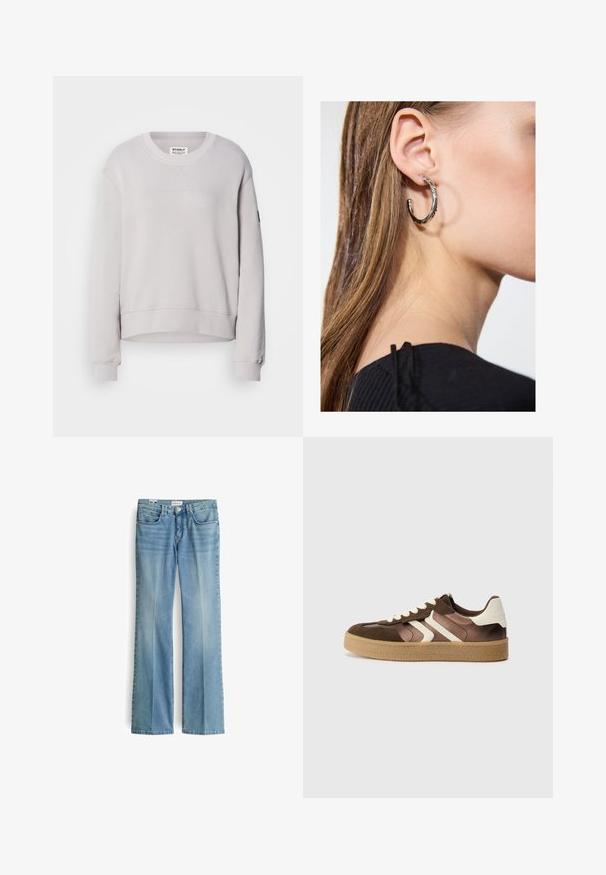 Sweatshirt gris clair avec un col rond, des manches longues, des poignets côtelés et un ourlet légèrement court. Présente des coutures frontales discrètes.; Jean en denim bleu clair avec une jambe évasée, des poches avant et des passants de ceinture. Le tissu a une texture lisse avec des décolorations légères, mettant en avant une couture classique.; Baskets marron et crème en combinaison de daim et de satin, avec trois bandes diagonales et une semelle en gomme texturée.; Boucle d'oreille en argent avec une finition polie, présentant de petits détails en or et de forme ronde, portée sur le lobe.