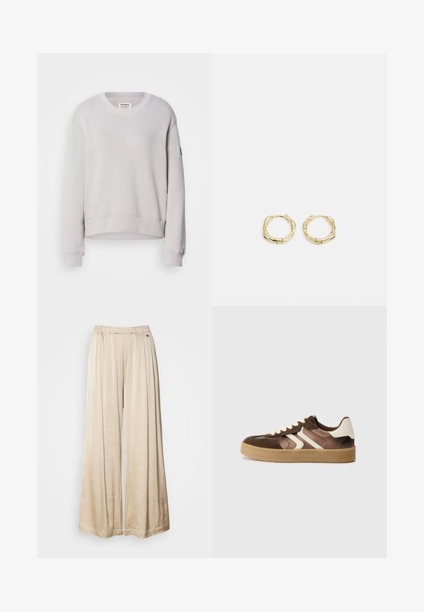Light gray sweatshirt with a round neck, long sleeves, ribbed cuffs, and a slightly cropped hem. Features subtle front stitching.; Beige wide-leg pants made of soft fabric, featuring an elastic waistband and a single decorative button detail on the side.; Brown and cream sneakers with a combination of suede and satin materials, featuring three diagonal stripes and a textured gum sole.; Gold hoop earrings with a textured, irregular shape. Features a seamless closure and a polished surface finish, emphasizing a modern design.