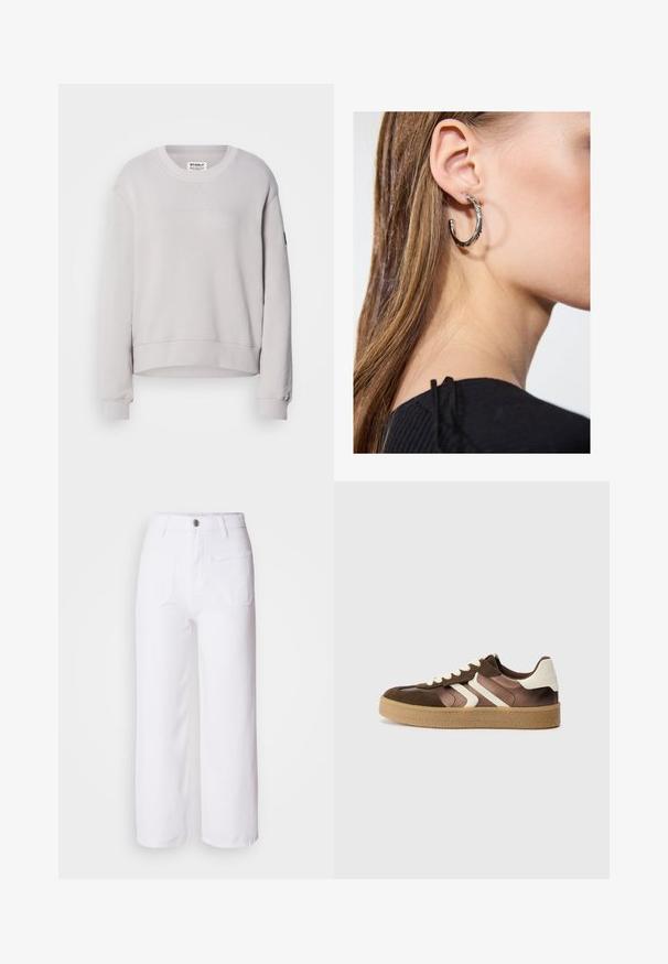 Sudadera gris claro con cuello redondo, mangas largas, puños acanalados y un dobladillo ligeramente corto. Presenta costuras frontales sutiles.; Pantalones de mezclilla anchos de color blanco con cierre de botón, trabillas para cinturón, dos bolsillos frontales y un bolsillo trasero. Tejido duradero y texturizado.; Zapatillas marrones y crema con una combinación de materiales de ante y satén, que presentan tres rayas diagonales y una suela de goma texturizada.; Pendiente de aro de plata con un acabado pulido, que presenta pequeños detalles en dorado y una forma redonda, llevado en el lóbulo.