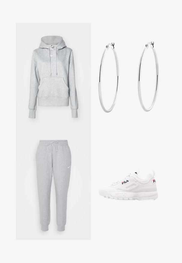 Sivi pulover s kapuco in vrvico, sprednjim žepom ter rebrastimi manšetami. Na prsih majhna bela Nikejeva logotip.; Svetlo sivi trenirka s vrvico za nastavitev v pasu, zožanimi hlačnicami in majhnim belim logotipom na levi stegn. Narejena iz mehkega, teksturiranega materiala.; Bela atletska športna copata s podloženim ovratnikom, zgornjim delom iz mrežastega in sintetičnega usnja, podrobnostjo logotipa v rdeči in mornarski modri barvi ter debelim gumijastim podplatom.; Srebrni obročki za ušesa z gladkim, poliranim zaključkom in brezšivno zasnovo, s zaobljenimi robovi in varnim zapiranjem.
