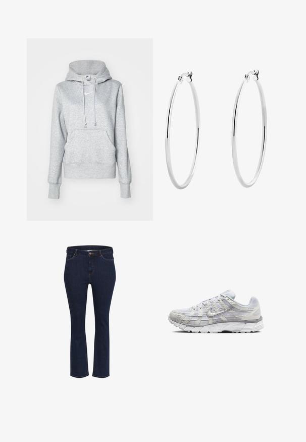 Gray cotton hoodie featuring a front pocket, drawstring hood, ribbed cuffs, and a small white Nike logo on the chest.; Blue denim jeans with a straight-leg cut, featuring five pockets, contrasting stitching, and a metal button closure at the waistband.; Light gray athletic shoes with a mesh and synthetic upper, featuring a lace closure, padded collar, and textured sole for grip.; Silver hoop earrings with a smooth, polished surface and a thin, circular shape. The design features a secure clasp.