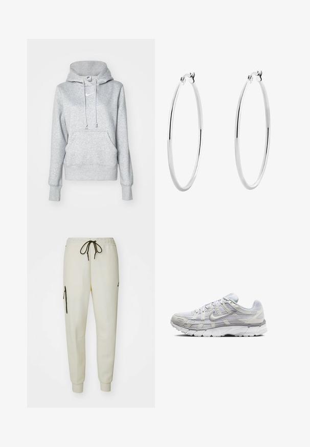 Pilkas džemperis su gobtuvu, kurį galima reguliuoti raišteliais, priekyje kišenė ir ribiniais rankogaliais. Ant krūtinės yra mažas baltas „Nike“ logotipas.; Kreminės spalvos džemperių kelnės su elastingu juosmeniu, reguliuojamu raišteliu, šoninėmis kišenėmis ir užtrauktuku užsegama kišene ant kairiojo šlaunies.; Šviesiai pilki sportiniai batai su tinkline ir sintetine viršutine dalimi, turintys raištelių užsegimą, paminkštintą apykaklę ir tekstūruotą padą geresnei sukibimo kokybei.; Sidabriniai lankelio formos auskarai su lygiu, poliruotu paviršiumi ir vientisu dizainu, kuriuose yra apvalūs kraštai ir saugi užsegimas.