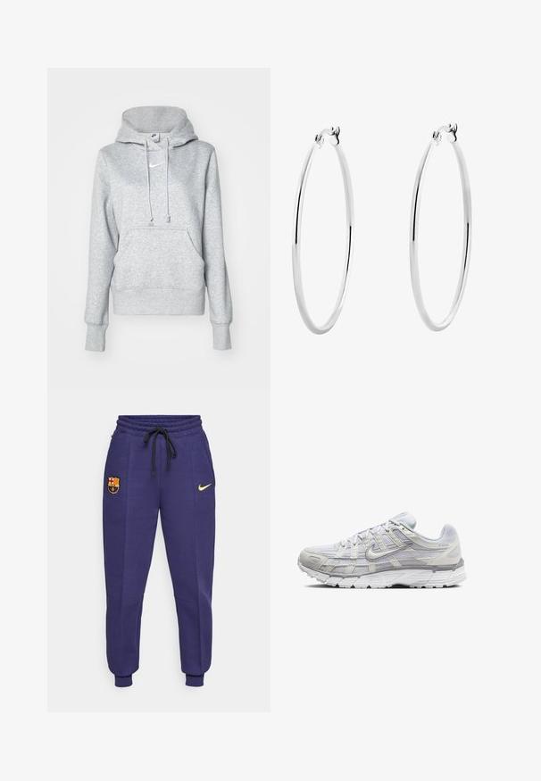 Grå bomullslue med frontlomme, snorhette, ribbestrikkede ermer og en liten hvit Nike-logo på brystet.; Nike joggebukser i mørk lilla med snøring i livet, sidelommer og en gul logo. Har et brodert FC Barcelona-merke.; Lys grå sportsko med overdel i mesh og syntetisk materiale, med snøring, polstret krave og strukturert såle for grep.; Sølv ringøredobber med en glatt, polert overflate og en tynn, sirkulær form. Designet har en sikker clasp.