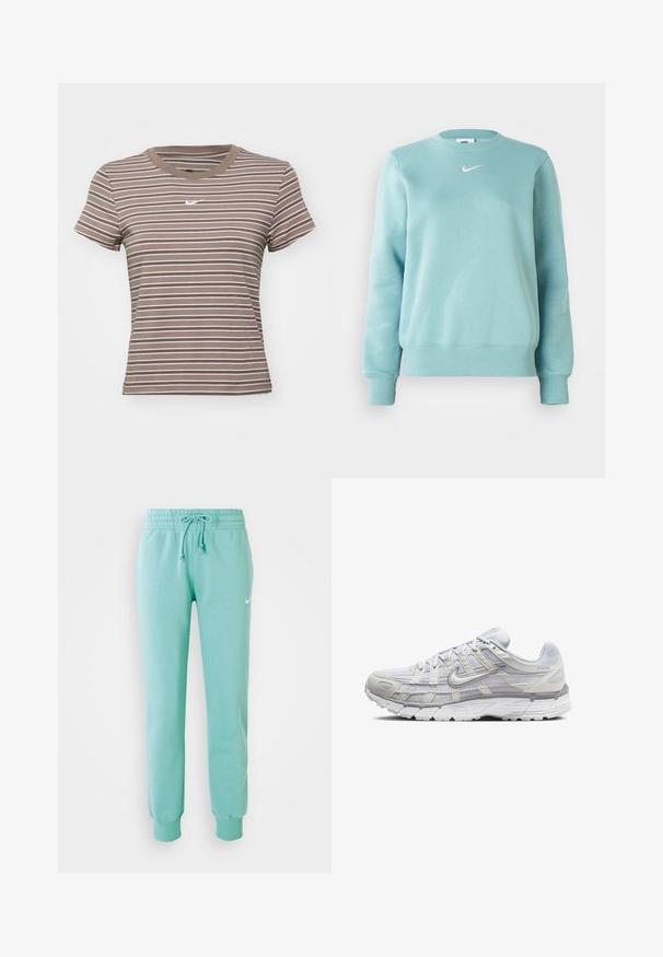 Gaiši zils džemperis ar ribotām piedurknēm un apakšmalu, apaļu kaklu un mazu baltu logotipu pie krūts. Izgatavots no mīksta auduma.; Brūns un balts svītrots īso piedurkņu t-krekls ar apaļu kakla izgriezumu un mazu baltu logotipu uz krūtīm. Izgatavots no mīkstas kokvilnas auduma.; Mētru zaļi sporta bikses ar elastīgu jostu, auklu un ribotām piedurknēm. Uz kreisā augšstilba ir neliels balts Nike logo.; Gai pelēki sporta apavi ar sietiņa un sintētisku augšdaļu, ar auklām, mīkstu apkakli un strukturētu zoli saķerei.