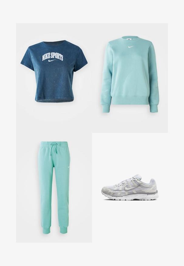 Sweatshirt azul claro com punhos e barra canelados, gola redonda e um pequeno logo branco no peito. Feito de um tecido macio.; T-shirt de algodão azul com mangas curtas, com a inscrição "NIKE SPORTS" em texto bordado branco e um pequeno logótipo da Nike abaixo.; Calças de moletão verde menta com uma cintura elástica, cordão e punhos canelados. Apresenta um pequeno logotipo branco da Nike na coxa esquerda.; Sapatos atléticos cinza claro com parte superior em malha e sintético, apresentando um fecho de cordões, colarinho acolchoado e sola texturizada para aderência.