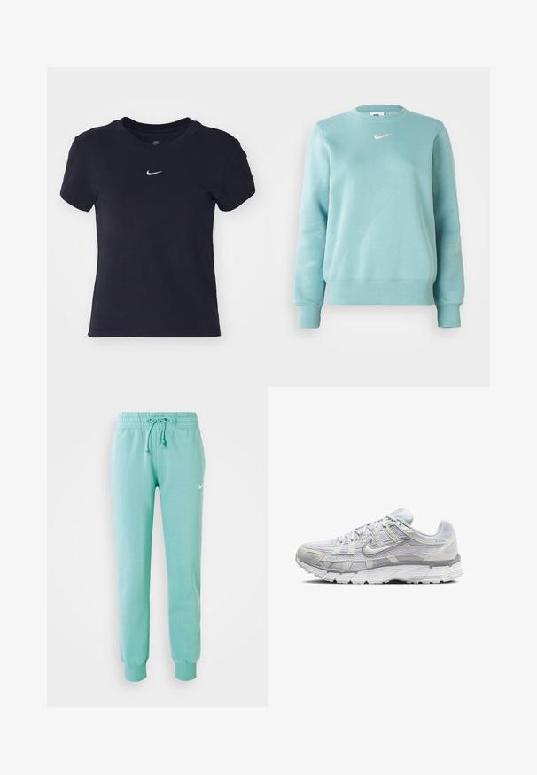 Sudadera de color azul claro con puños y dobladillo acanalados, cuello redondo y un pequeño logotipo blanco en el pecho. Fabricada con una tela suave.; Camiseta de algodón negra con cuello redondo, mangas cortas y un pequeño logo blanco de Nike en el pecho. Textura suave, ajuste casual.; Pantalones de chándal verde menta con cintura elástica, cordón y puños acanalados. Cuenta con un pequeño logo blanco de Nike en el muslo izquierdo.; Zapatillas deportivas de color gris claro con una parte superior de malla y sintético, que cuentan con un cierre de cordones, collar acolchado y suela texturizada para mayor agarre.