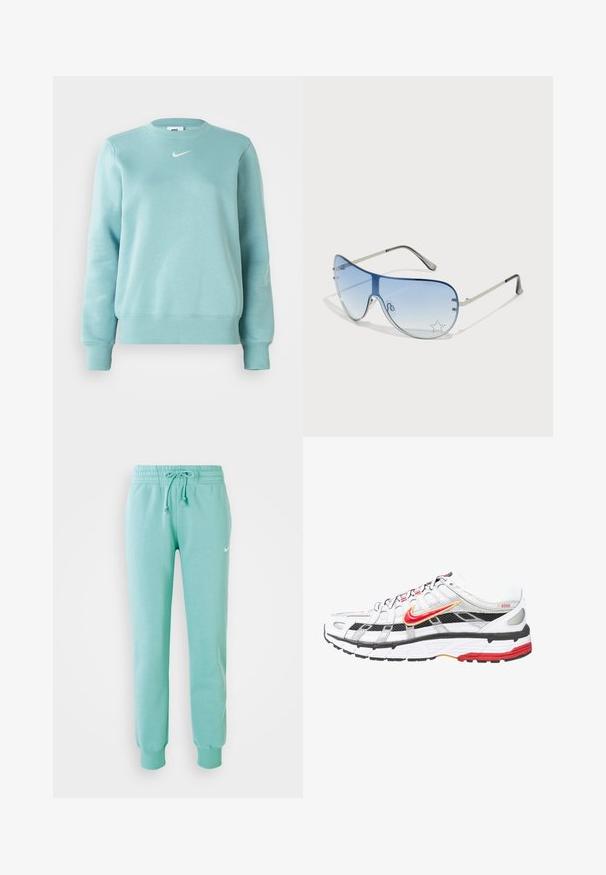 Light blue sweatshirt with ribbed cuffs and hem, round neck, and a small white logo on the chest. Made from soft fabric.; Mint green sweatpants with an elastic waistband, drawstring, and ribbed cuffs. Features a small white Nike logo on the left thigh.; White and black athletic shoes with red and gold accents. Features a mesh upper, cushioned sole, and a secure lace-up design.; Aviator sunglasses featuring a gradient blue lens, silver metal frame, and decorative star accents on the lens. Smooth and sleek design.