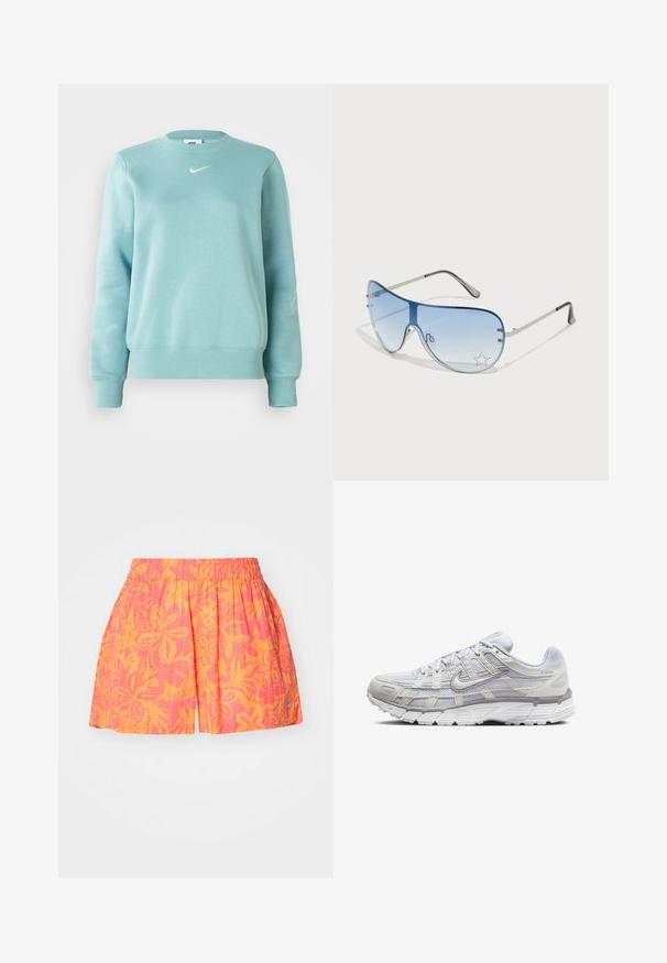 Svetlomodrá mikina s rebrovanými manžetami a lemom, okrúhlym výstrihom a malým bielym logom na hrudi. Vyrobená z jemného materiálu.; Ružové a oranžové šortky s kvetinovým vzorom, vybavené elastickým pásom a plisé dizajnom. Vyrobené z ľahkej tkaniny, s malým bočným akcentom.; Svetlo šedé športové topánky s vrchom z ďalekého a syntetického materiálu, so šnurovacím uzáverom, polstrovaným golierom a štruktúrovanou podrážkou pre lepšiu priľnavosť.; Pilotné slnečné okuliare s prechodovým modrým sklom, strieborným kovovým rámom a ozdobnými hviezdičkovými akcentmi na sklách. Hladký a elegantný dizajn.