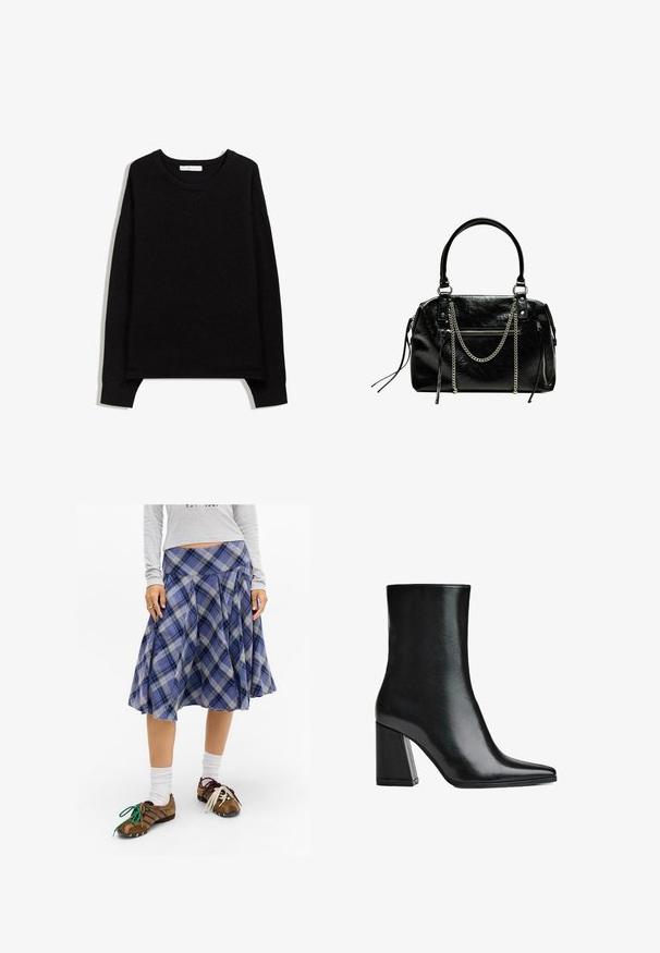 Pulover negru tricotat cu guler rotund, mâneci lungi și manșete cu margini ondulate. Prezintă un design subtil în V la gât. Textură moale.; Fustă midi cu carouri albastre, plisată, realizată dintr-un material moale. Asortată cu pantofi maronii cu șireturi colorate și șosete albe.; Botine negre din piele, cu vârf ascuțit și toc înalt bloc. Textură netedă, cu o siluetă elegantă și un design de bază solid.; Bershka WITH CHAIN - Geantă de mână - black