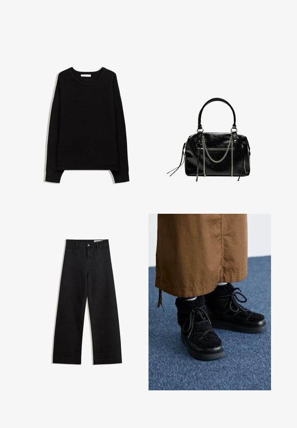 Fekete kötött pulóver kerek nyakkivágással, hosszú ujakkal és bordázott mandzsettával. A nyakán egy diszkrét V-varrási mintázat található. Puha tapintású.; Fekete, bő szabású farmernadrág magas derékkal, elülső és hátsó zsebekkel, varrott felületekkel és gombos záródással. Sima textúra.; Fekete bolyhos sportcipők, platform talppal, fűzőkkel, puha tapintással és lekerekített orral. Barna anyaggal párosítva az alján.; Bershka WITH CHAIN - Kézitáska - black