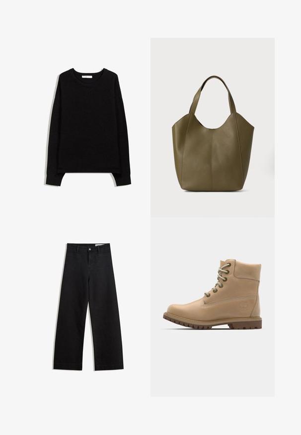 Crni pleteni pulover s okruglim izrezom, dugim rukavima i rebrastim rubovima. Ima suptilni V-šav dizajn oko vrata. Mekana tekstura.; Crne široke traperice s visokim strukom, s prednjim i stražnjim džepovima, šivenim šavovima i kopčanjem na gumb. Glatka tekstura.; Bež kožna gležnjača s zaobljenim vrhom, bež vezicama i čvrstim potplatom. Ima bočne šavove i okrugli logo na peti.; Torbica u maslinastoj koži s dvostrukim ručkama, glatke teksture i dizajnom od četiri panela. Ojačane šavove duž šavova za dugotrajnost.
