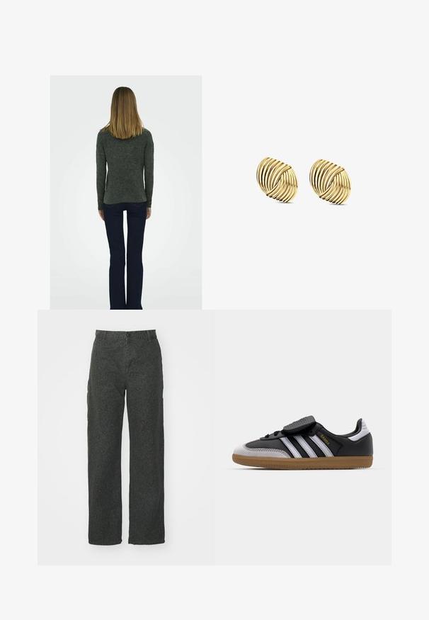 Tmavo šedý, textúrovaný sveter s dlhými rukávmi, kombinovaný s tmavomodrými rozšírenými džínsami a čiernymi topánkami na blokovom opätku, z pohľadu zozadu.; Tmavozelené cargo nohavice s jemným leopardím vzorom, s rovnými nohavicami, gombíkovým zapínaním a bočnými vreckami.; Čierne kožené a šedé semišové tenisky s bielymi pruhmi, gumovou podrážkou, šnurovaním vpredu a suchým zipsom. Obsahujú zlaté označenie "Samba".; Náušnice v zlatej farbe s dizajnom špirály a vrstvenými krivkami, s metalickým povrchom a hladkou textúrou pre vizuálnu hĺbku.