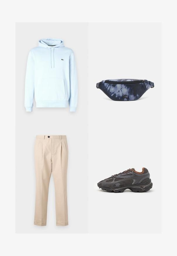 Helle blaue Kapuzenjacke aus weichem Stoff, mit einer Kängurutasche, Kordeln und einem kleinen grünen Logo auf der linken Brustseite.; Beige Plièrehosen aus glattem Stoff, mit Reißverschluss und Knopfverschluss, geradliniger Schnitt und umgeschlagenen Säumen.; Lacoste Sneaker in Dunkelgrau aus Mesh und Synthetikmaterial, mit einer strukturierten Sohle und braunen Akzenten am Kragen und Logo.; Bauchtasche im dunkelblauen Batikdruck mit einem Reißverschluss oben, strukturiertem Material und einem auffälligen Logodetail auf der Vorderseite.
