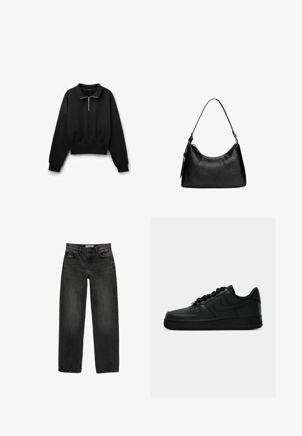 Czarny, krótki sweatshirt z zamkiem błyskawicznym przy kołnierzu, długimi rękawami i prążkowanym dołem. Gładka tekstura z luźnym fasonem.; Czarne dżinsy o luźnym kroju, prostych nogawkach, pięciu kieszeniach i lekko wypłowiałej strukturze. Zapięcie na guzik i suwak z przodu.; Czarne sneakersy Nike Air Force 1 z skórzanym cholewką, okrągłym noskiem, wiązaniem na sznurówki i teksturowaną podeszwą, z dyskretnym logo po boku.; Czarna torebka z syntetycznej skóry o zaokrąglonym kształcie, z krótkim uchwytem, zamykana na zamek błyskawiczny, z delikatnym teksturowanym wzorem na powierzchni.