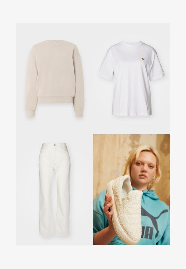 Beesinine ümmarguse kaelusega sweatshirt, mis on valmistatud puuvilla segust, ribaga kaeluse ja varrukate äärtega, ning väike logo rinnal.; Valge puuvillane T-särk, millel on lõdva lõikega, lühikesed varrukad ja väike broderi logo vasakul rinnakarpi.; Valged denim püksid kõrge vöökoht ja laia säärega. Omab nupuvajutust ja tõmblukku, vöö loops ja peene õmblemise detailid.; Valge libisemisega king, millel on karvane tekstuur, pehmendatud kaelus ja tekstureeritud tald. Külgedel on diskreetne brändi logo ja helebeez välja.