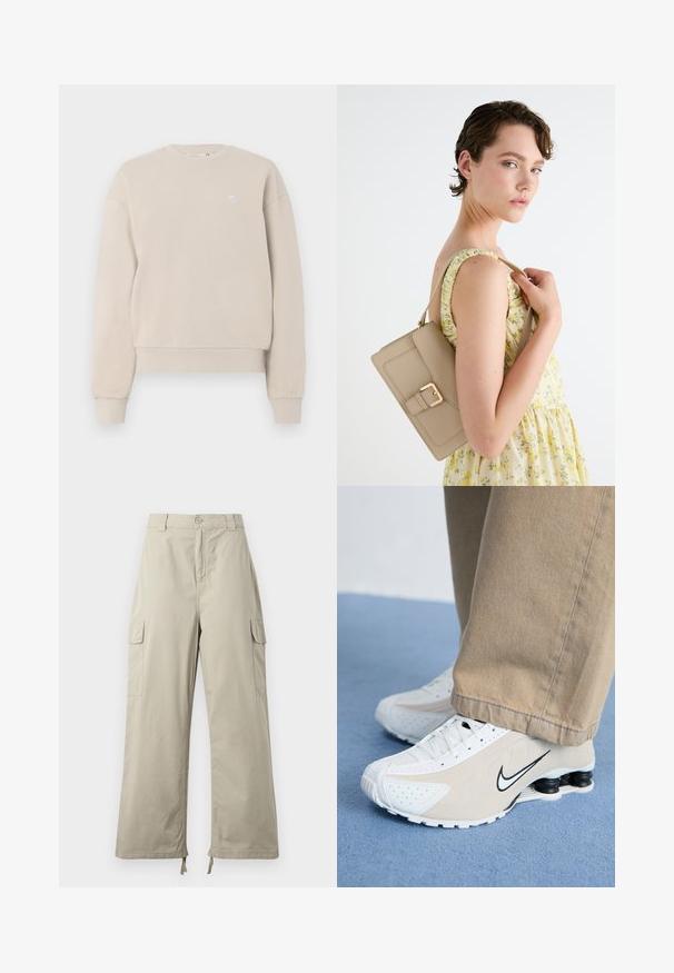 Beesinine ümmarguse kaelusega sweatshirt, mis on valmistatud puuvilla segust, ribaga kaeluse ja varrukate äärtega, ning väike logo rinnal.; Heledad beez cargo püksid lõdva istuvusega, nupuvajutusega kinnitamine, küljetaskud ja reguleeritav äär sidemetega. Sile kangatekstuur.; Valged ja beežid Nike'i tossud, millel on perforatsioonimuster, must swoosh-logo, tekstuurne pealis ja eriline veniv must konts.; Bež nahkrahakott struktureeritud disainiga, kuldse bukaatoriga ja reguleeritava rihmaga, esitatud heleda tausta ees.