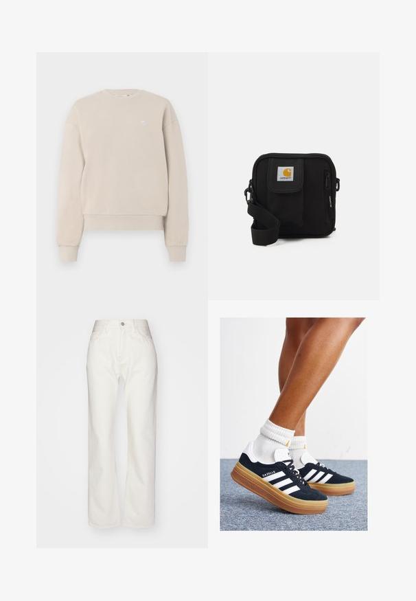 Beige crewneck sweatshirt made from cotton blend, featuring a ribbed neckline and cuffs, with a small logo on the chest.; White denim trousers with a high waist and wide-leg fit. Features a button and zipper closure, belt loops, and subtle stitching details.; Black suede sneakers with white stripes and accents, rounded toe, gum rubber outsole, paired with white ribbed crew socks.; Black crossbody bag with a zippered main compartment, front pocket, adjustable strap, and a visible logo patch on the flap.