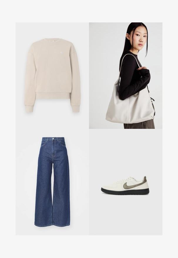 Šviesiai rudos spalvos megztinis su apvaliu kaklu, pagamintas iš medvilnės mišinio, su šiurkščiu iškirpimu ir rankogaliais, priekyje esant maža logo.; Plati kojinės džinsai iš tamsiai mėlyno džinsinio audinio. Aukštas liemuo, užsegimas užtrauktuku ir mygtuku. Yra penkių kišenių stilius ir apdirbti kraštai.; Nike Sportswear FIELD GENERAL - Sportbačiai - off-white/black; Bežinė rankinė, pagaminta iš minkštos medžiagos, turinti laisvą dizainą, siuvinėtas detalės ir dvi petnešos. Tinkama kasdieniam naudojimui.