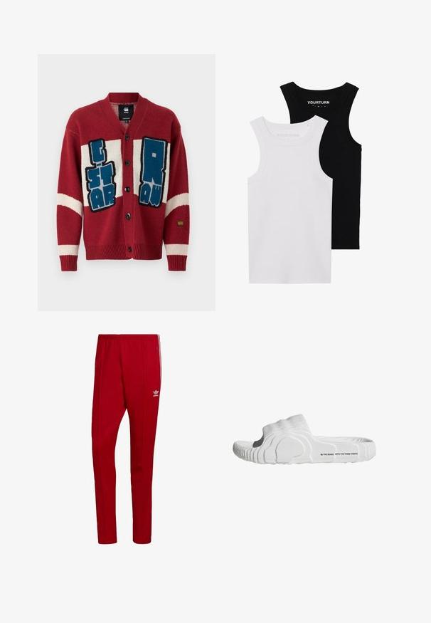 Cárdigan de punto rojo con escote en V, que presenta un texto gráfico en azul y blanco de gran tamaño. Cinco botones negros y detalles a rayas en las mangas.; Dos tops de tirantes ajustados en negro y blanco. Están hechos de algodón acanalado, cuentan con tirantes anchos y escote redondeado. Con la marca en el cuello.; Pantalones deportivos rojos con cintura elástica, bolsillos con cremallera en los laterales y tres rayas blancas a lo largo de los lados. Cuenta con un pequeño logo en el muslo.; Chancla blanca con parte superior de tela acanalada, plantilla contorneada y suela de goma texturizada con el logo de la marca en el lateral.
