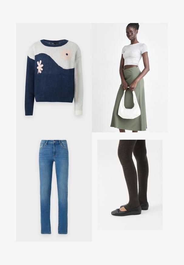 Suéter de punto en navy y gris claro con patrón de olas, diseño floral en rosa y negro, cuello redondo, puños y dobladillo acanalados.; Vaqueros de mezclilla azul con un corte recto, cinco bolsillos, cierre frontal con botón y costuras sutiles. Diseño limpio con un lavado medio.; Zapatos planos negros con un pequeño lazo en la punta, combinados con medias de punto en marrón oscuro. Los zapatos tienen una textura suave y un perfil bajo.; Top corto de canalé gris y falda de tiro alto verde oliva. La modelo sostiene un bolso de hombro blanco con detalles recortados. Diseño simple, silueta ajustada.
