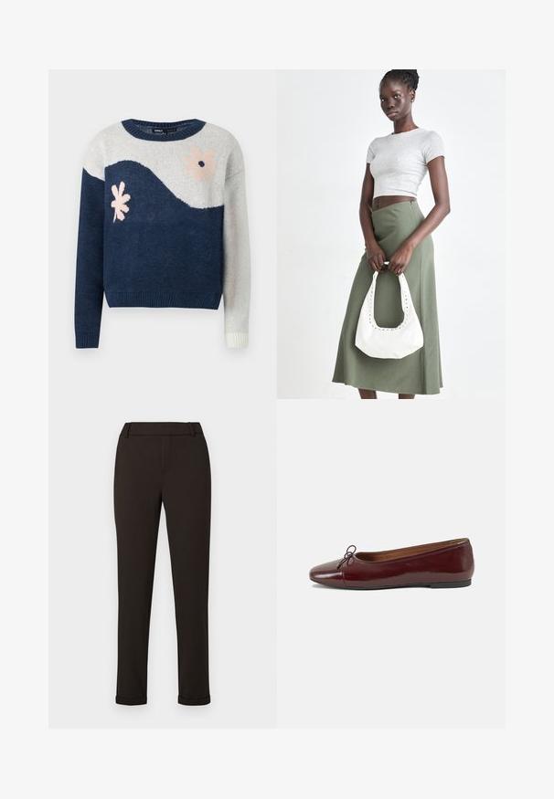 Jūrinės ir šviesiai pilkos spalvos megztinis su bangų raštu, gėlių motyvu rožine ir juoda spalvomis, apvalia kaklo iškirpte, su įpjovomis ant rankovių ir apačios.; Juodi liekni kelnės su diržo kilpomis ir apvadu prieš paprastą baltą foną.; Bordo lakiotos odos baleto bateliai su apvalia nosimi, maža kaspinėlio akcentu priekyje ir žema juoda guma padanga. Lygi tekstūra.; Pilka juostuota trumpa palaidinė ir alyvuogių žalios spalvos aukšto liemens sijonas. Modelis laiko baltą petį krepšį su išpjovomis. Paprastas dizainas, prigludusi siluetas.