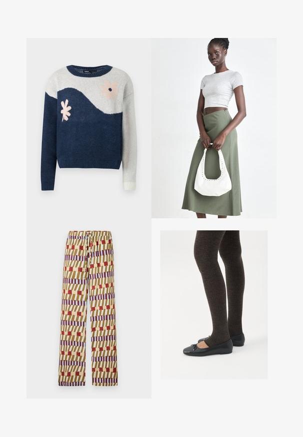 Maglione a maglia blu navy e grigio chiaro con motivo a onde, design floreale in rosa e nero, colletto rotondo, polsini e orlo a coste.; Pantaloni colorati a fantasia con cintura regolabile, realizzati in tessuto leggero. Il design include strisce rosse, blu e gialle.; Scarpe nere a flat con un piccolo fiocco sulla punta, abbinate a collant a coste marrone scuro. Le scarpe hanno una texture liscia e un profilo basso.; Top crop a coste grigio e gonna a vita alta verde oliva. Il modello tiene una borsa a spalla bianca con dettagli intagliati. Design semplice, silhouette aderente.