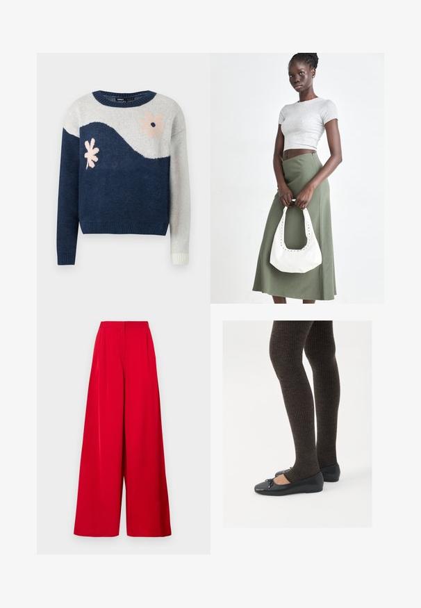 Navy and light gray knitted sweater with wave pattern, floral design in pink and black, round neck, ribbed cuffs and hem.; Wide-leg trousers in bright red, made from smooth fabric. Features a high waistband, sharp pleats, and a flowing design.; Black flat shoes with a small bow detail at the toe, paired with dark brown ribbed tights. Shoes have a smooth texture and low profile.; Gray ribbed crop top and olive green high-waisted skirt. Model holds a white shoulder bag with cut-out detailing. Simple design, fitted silhouette.