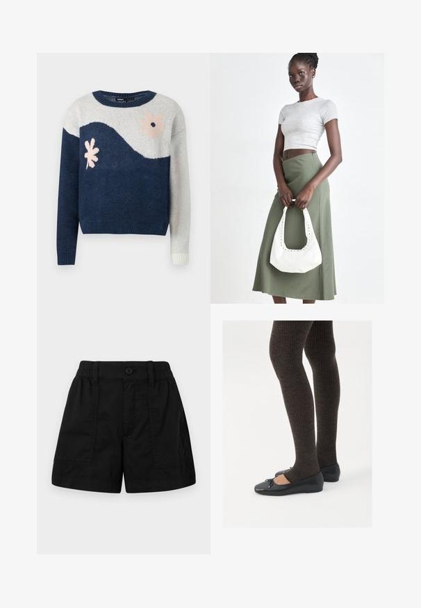 Maglione a maglia blu navy e grigio chiaro con motivo a onde, design floreale in rosa e nero, colletto rotondo, polsini e orlo a coste.; Pantaloni shorts neri in cotone con vita elastica e chiusura con bottone, dotati di due tasche anteriori e taglio diritto. Texture liscia.; Scarpe nere a flat con un piccolo fiocco sulla punta, abbinate a collant a coste marrone scuro. Le scarpe hanno una texture liscia e un profilo basso.; Top crop a coste grigio e gonna a vita alta verde oliva. Il modello tiene una borsa a spalla bianca con dettagli intagliati. Design semplice, silhouette aderente.