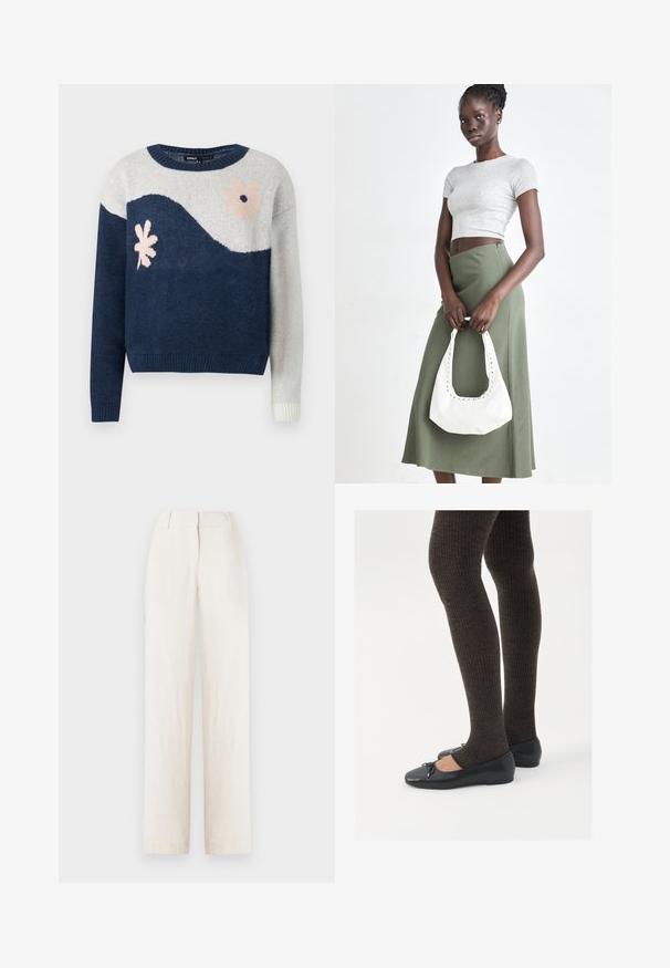 Marineblauwe en lichtgrijze gebreide trui met golvenpatroon, bloemenontwerp in roze en zwart, ronde hals, geribbelde manchetten en zoom.; Linnen broek in een lichtbeige kleur met een rechte pijpdesign, voorzien van een tailleband en voorplooien voor extra detail.; Zwarte platte schoenen met een kleine strikdetail op de neus, gecombineerd met donkerbruine geribbelde panty’s. De schoenen hebben een gladde textuur en een lage profiel.; Grijs geribbelde crop top en olijfgroene hoge taille rok. Model houdt een witte schoudertas met uitsparingen vast. Eenvoudig ontwerp, aansluitende silhouet.