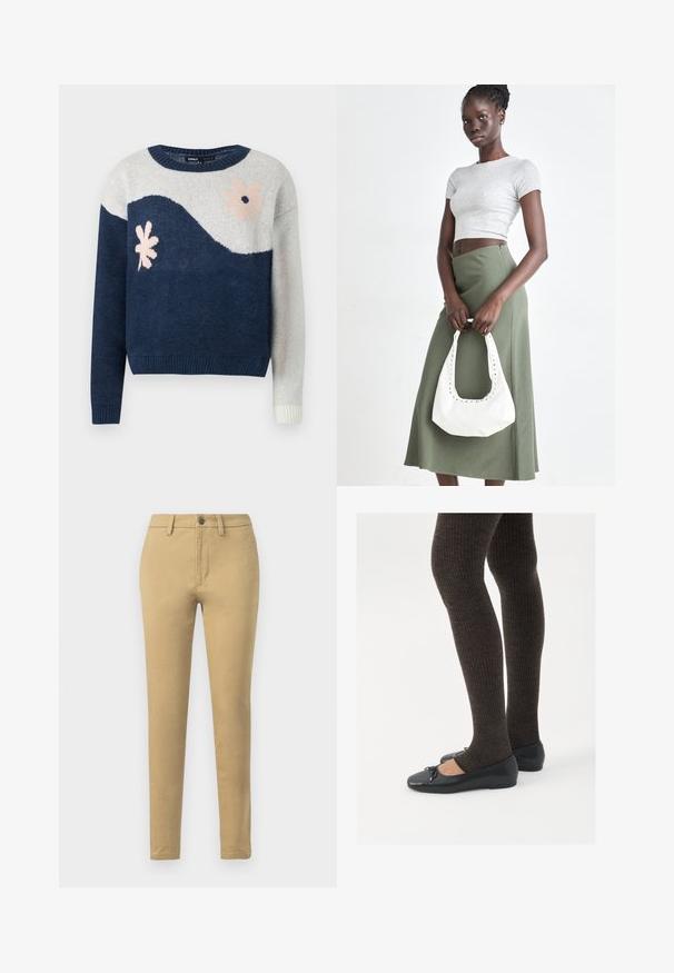 Marinblå och ljusgrå stickad tröja med vågmönster, blommönster i rosa och svart, rund halsringning, ribbade manschetter och fåll.; Khakifärgade chinos i bomullsmix, med slim fit, bälteshällor, framfickor och en enkel knappstängning.; Svarta platta skor med en liten rosett vid tån, i kombination med mörkbruna ribbade strumpbyxor. Skorna har en slät yta och låg profil.; Grå ribbad crop top och olivgrön högmidjad kjol. Modellen håller en vit axelremsväska med utskärningar. Enkelt design, tight passform.