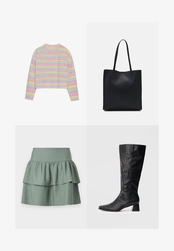 Sweter dzianinowy w pastelowe paski z okrągłym dekoltem, długimi rękawami i cropped hem. Tkanina ma lekko teksturowane wykończenie.; Miękka zielona spódnica z warstwowym wzorem i falbaną na dole, wykonana z lekkiego materiału, z elastycznym paskiem w talii dla wygody.; Czarny skórzany botek do połowy łydki z ostrym noskiem i słupkowym obcasem na jednolitym jasnym tle.; Czarna skórzana torba tote o gładkiej fakturze, prostokątnym kształcie i dwóch długich uchwytach. Brak widocznych elementów metalowych i ozdób.