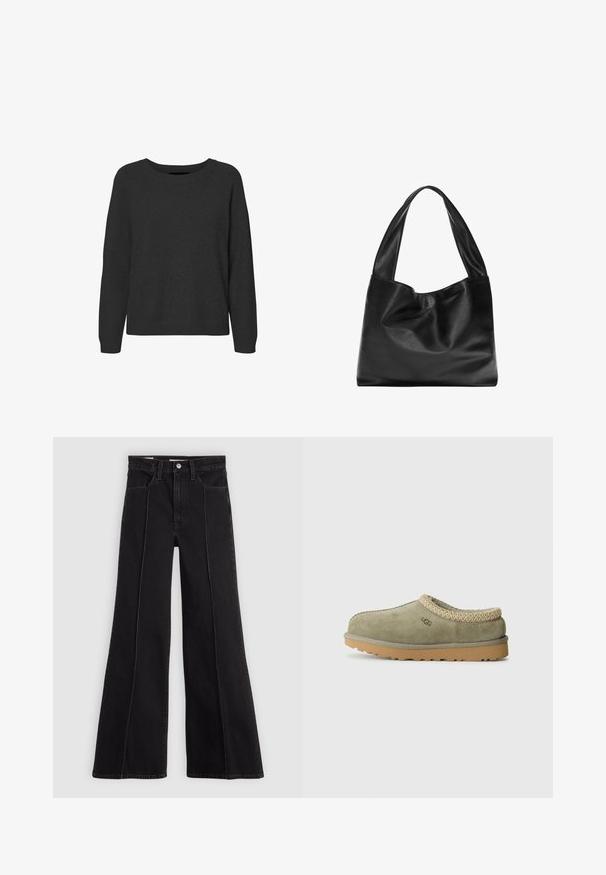 Pull noir en tricot doux, avec un col rond, des manches longues, un ourlet côtelé et un motif texturé subtil.; Jeans larges taille haute noirs avec des coutures avant, fermeture boutonnée, passants de ceinture et poches avant sur un fond clair.; Mocassin en suède vert avec un col en tricot beige texturé et une semelle en caoutchouc. Présente le logo de la marque sur le côté. Design simple à bout rond.; Sac fourre-tout en cuir noir au design souple et décontracté, avec de larges poignées et une texture lisse. Pas de quincaillerie ni d'ornements visibles.