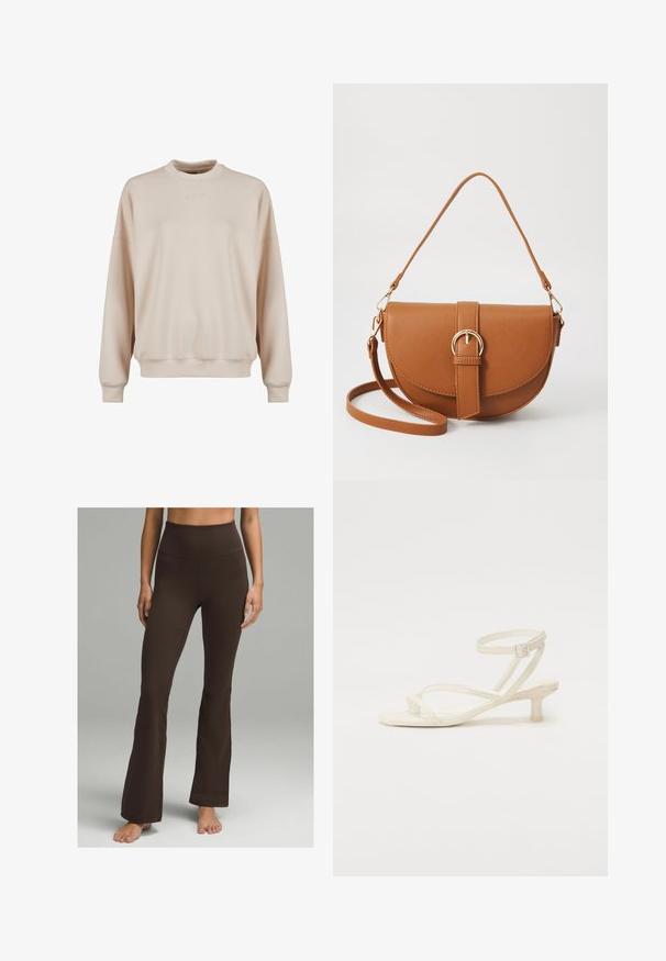 Beige sweatshirt, rund hals, lange ærmer, let faldende skuldre, struktureret stof, med diskret broderet logo på brystet.; lululemon GROOVE SHR FLARED REGULAR - Bukser - espresso; Lys ivoire strappy sandal med en lav, blokhæle. Fremstillet af glat materiale, med tynde stropper og spænde lukning om anklen.; Brun læder crossbody taske med en buet form, guldfarvet hardware og en spændeaccent. Har en aftagelig skulderrem.