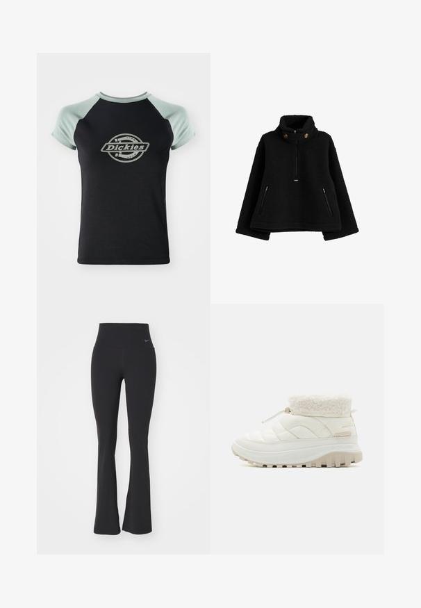 Pulover din fleece negru cu guler înalt, fermoar în față și două buzunare laterale cu fermoar; prezintă nasturi rotunzi pe guler.; Tricou negru cu mâneci raglan de culoare verde deschis. Prezintă un logo circular central cu textul "Dickies" într-un design de frânghie. Textură a materialului moale.; Pantaloni de yoga negri cu talie înaltă, fabricați dintr-un material elastic. Au un design evazat și un mic logo Nike pe talie.; Botine albe, matlasate, până la jumătatea gambei, cu guler din blană sintetică, închidere cu șnur elastic și o talpă groasă din cauciuc, dotată cu crampoane adânci pentru aderență.