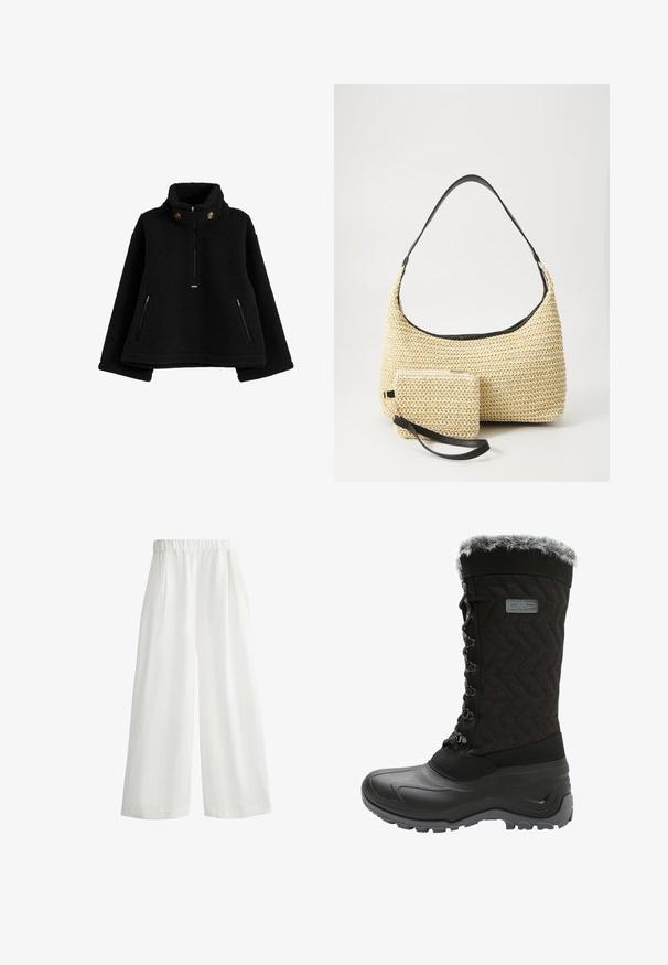 Schwarzer Fleece-Pullover mit hohem Kragen, durchgehendem Reißverschluss und zwei seitlichen Reißverschlusstaschen; mit runden Knöpfen am Kragen.; Weiße, weite Hosen mit einem elastischen Bund, ausgestattet mit frontalen Falten und einem leichten, strukturierten Stoff.; Schwarzer Winterstiefel mit einem strukturierten Obermaterial aus Stoff, Kunstfellbesatz, Schnürung vorne und Gummisohle für Traktion. Mit einem Zickzackmuster.; Geflochtene Strohtasche mit geschwungener Silhouette, ausgestattet mit einem glatten schwarzen Ledergriff und einem passenden kleinen Beutel, der mit einem Handgelenkriemen befestigt ist.