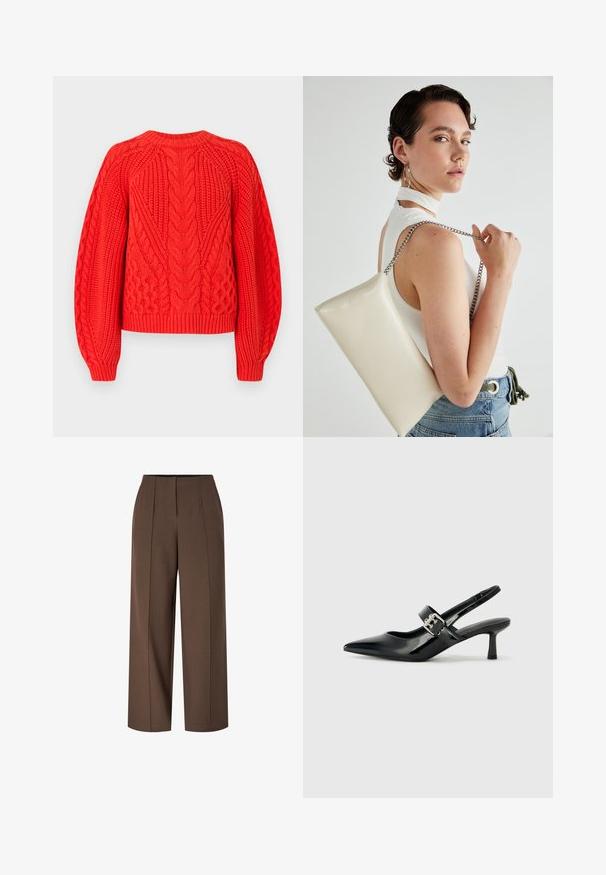 Rød kabelstrikksweater med teksturerte mønstre, rund hals og ribbestrikket kant. Designet med lange, svakt puffede ermer.; Brune høyhælte, vide bukser med frontfold og skjult glidelås foran.; Svarte patent lær slingback hæler med spiss tå og en liten blokkheel, med en sølvspenne som detalj på stroppen.; Hvit rektangulær clutch-veske laget av blankt materiale, med en sølvkjede-stropp. Modellen poserer og viser vesken mot en ensfarget bakgrunn.