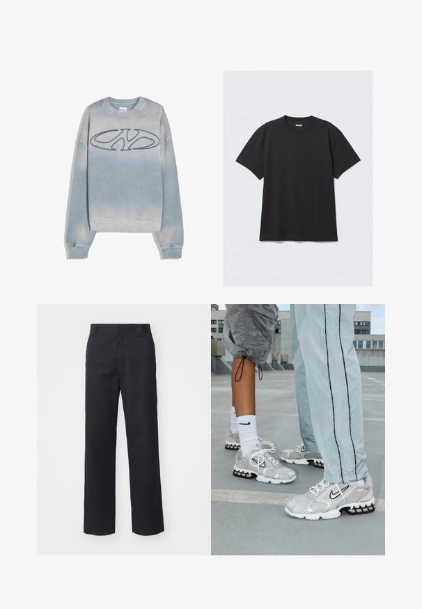 Svijetloplava izblijedjela dukserica s rebrastim rukavima i donjim dijelom, koja ima veliki stilizirani izvezeni logo "NY" na prsima.; Crna majica s kratkimi rokavi iz bombaža. Ima okroglo ovratnik in sproščen kroj. Preprost dizajn brez vzorcev ali poudarkov.; Črne hlače ravnega kroja iz mešanice bombaža. Imajo ravno sprednje pas s petimi zankami za pas in brez vidnih kovinskih delov ali okraskov.; Nike športni copati iz srebrnega mrežnega materiala, ki imajo bele vezalke, črn Swoosh logotip ter črno-rdečo podplat z zračnim oblazinjenjem.