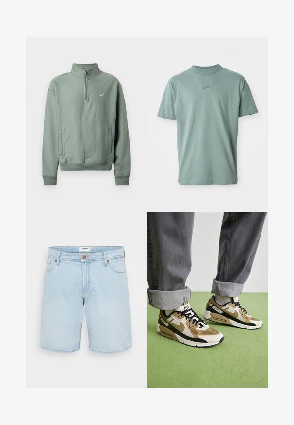 Vaalea vihreä Nike-huppari, jossa on neljännesvetoketju, ribattu hihansuu ja sivutaskut. Pehmeä rakenne ja minimaalinen brändäys, jossa on pieni logo rinnassa.; Vihreä puuvillapaita lyhythihaisilla, ribatulla crew-kauluksella ja brodeeratulla Nike-logolla rinnassa. Liukas pinta ja rento istuvuus.; Vaaleansiniset farkkushortsit, joissa on normaali istuvuus, viisi taskua, yksi metallinen nappikiinnitys ja hieno haalistuminen kankaassa.; Nike Air Max 90 tennarit beige- ja mustissa väreissä, joissa on verkko- ja nahkamateriaaleja, näkyvää vaimennusta ja mustat nauhat.