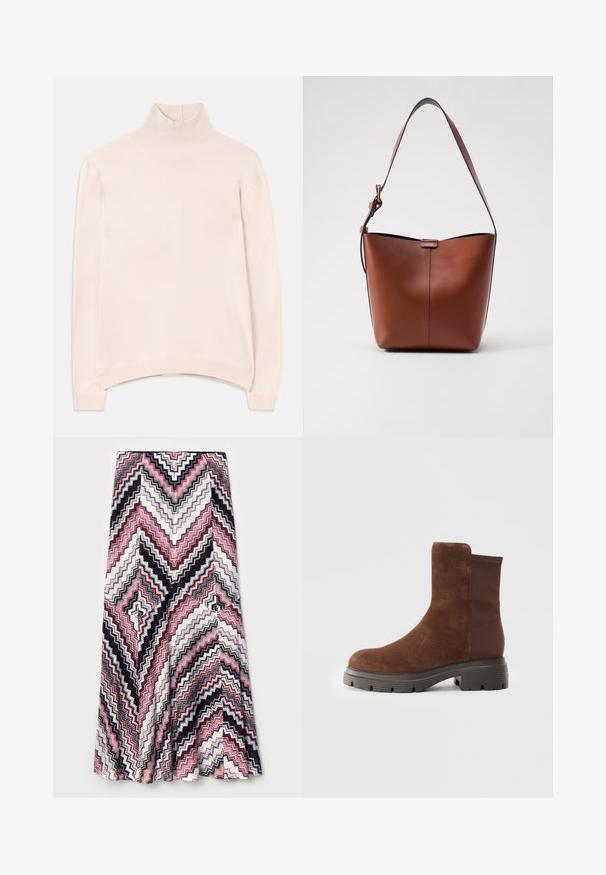 Ljusrosa långärmad turtleneck-sweater med ribbad krage och nederkant, med en avslappnad passform och mjuk, slät textur.; Maxikjol med ett zigzag-mönster i rosa, svart och vitt, tillverkad av textil med en strukturerad yta och en utställd nederkant.; Brun mocka ankelboot med elastiska sidopaneler, rund tå, och en tjock gummisole med en texturerad mönster.; Brun läderaxelväska med en böjd form, slät yta och ett enda tunt band. Har en subtil söm och en liten logotypdetalj.