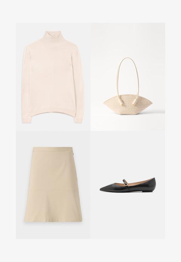 Světle růžový svetr s dlouhým rukávem a rolákem, s žebrovaným límcem a lemem, s volnějším střihem a měkkou, hladkou texturou.; Béžová sukně s rozšířeným designem, hladkou texturou a vodorovným švem kolem středu. Obsahuje boční zip.; Černé kožené baleríny s špičatou špičkou a bočním páskem, který má kulatý zlatý akcent. Lehká konstrukce s plochou podrážkou.; Tkaná béžová kabelka s jedinečným zakřiveným tvarem, která má dva texturované úchyty a cylindrické kovové detaily.