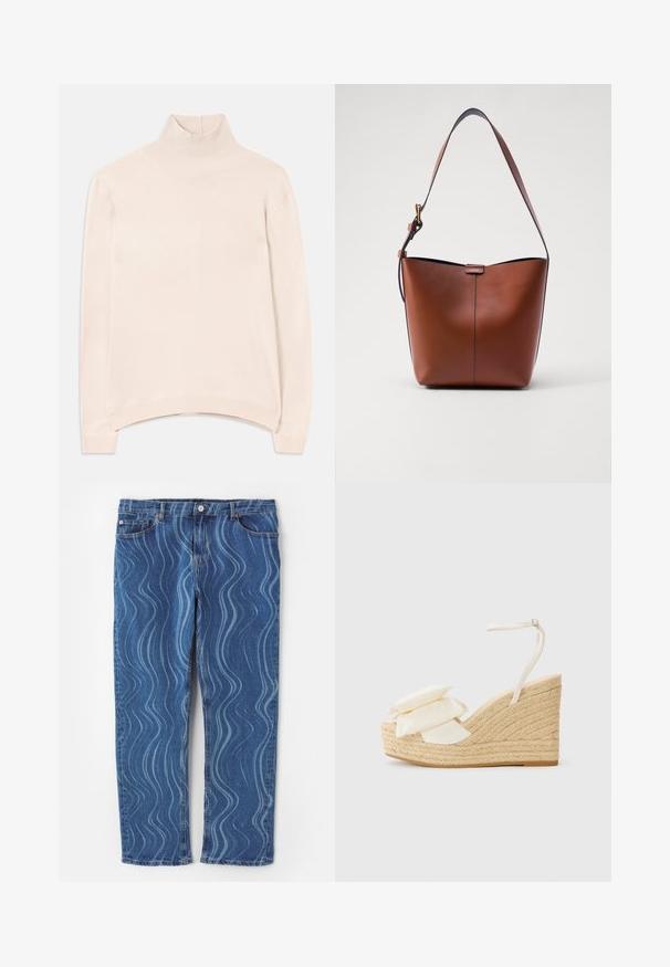 Hele roosa pikkade varrukatega kõrge kaelusega sviiter, millel on soonikkoes kaelus ja alläär, lõdva lõikega ning pehme, siledapinnaline tekstuur.; Sinise teksad, millel on laineline helesinine muster, sirge jalgade lõikega, nööbiga sulgemine ja tikandiga detailid taskutel.; Kaldte meeste jalatsid looduslikult jute platvormiga, kreemi värvi kangast ülaserv ja kaks kihilist lillemotivi; sisaldab õhukest pahkluu rihma kinnitusega.; Pruun nahast õlakott, millel on kaarjas kuju, sile tekstuur ja üks õhuke rihm. Omab peent õmblust ja väikest logo detaili.