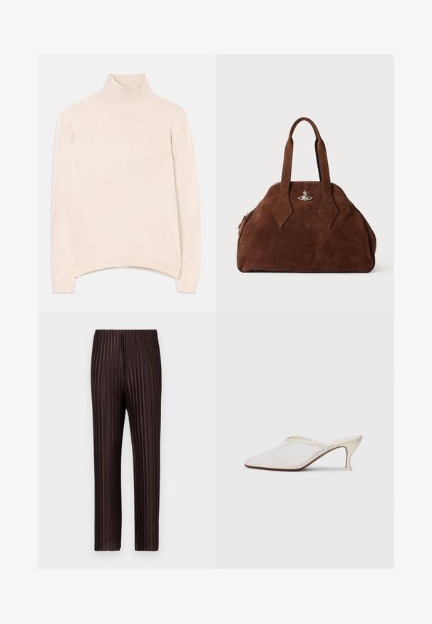 Hellrosa Langarm-Turtleneck-Pullover mit geripptem Kragen und Saum, in entspannter Passform und aus weicher, glatter Textur.; Braune plissierte Hose mit einem elastischen Bund, die vertikale Streifen, einen geraden Beinabschluss und eine leichte, fließende Stoffoberfläche aufweist.; Weiße Mesh-Pantoletten mit spitzer Zehenform, schlankem Mittelabsatz und Slip-On-Design vor einem schlichten Hintergrund.; Braune Wildleder-Handtasche mit strukturiertem Design, abgerundeter Form und länglichen, diamantförmigen Griffen. Mit einem silbernen Metallverschluss ausgestattet.