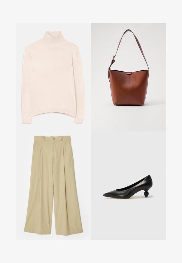 Gaiši rozā garām piedurknēm turtlenecks džemperis ar ribotu apkakli un apakšmalu, ar brīvu piegriezumu un mīkstu, gludu tekstūru.; Beidzīgas krāsas platās bikses, kas izgatavotas no viegla auduma. Tām ir plakana priekšpuse, divas sānu kabatas un zeltaini trīsstūra akcents uz jostas.; Melnas ādas augstpapēžu kurpes ar smailu purngalu un apaļu papēdi. Gluda tekstūra ar elegantu, minimālistisku dizainu.; Brūna ādas plecu soma ar izliekta formu, gludu tekstūru un vienu plānu siksnu. Iekļauj subtilu šuvumu un mazu logotipa detaļu.