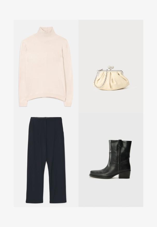 Pull à col roulé à manches longues rose clair avec un col et un ourlet côtelés, offrant une coupe décontractée et une texture douce et lisse.; Pantalons plissés noirs à coupe droite. Fabriqués en tissu lisse, avec une taille plate et des poches latérales. Design minimaliste, sans motifs.; Bottine en cuir noir avec un bout rond, un talon carré, une fermeture éclair sur le côté et des coutures décoratives sur l'empeigne. Texture lisse, design classique.; Pochette en cuir beige plissé avec un cadre en métal argenté, dotée de deux fermoirs ronds décoratifs et d'une chaîne en argent.