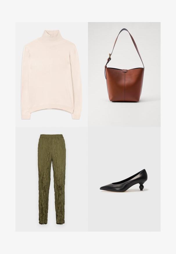 Pulover cu guler înalt și mânecă lungă, de culoare roz deschis, cu o margine și guler texturate, având o croială lejeră și o textură moale și fină.; Pantaloni din material șifonat de culoare verde măslin, cu talie elastică, picioare conice și o suprafață texturată.; Pantofii cu toc înalt din piele neagră, cu vârf ascuțit și toc rotund, mimos. Textură netedă, cu un design elegant și minimalist.; Geantă de umăr din piele maro, cu o formă curbată, textură netedă și o curea subțire. Prezintă o cusătură subtilă și un detaliu mic cu logo.