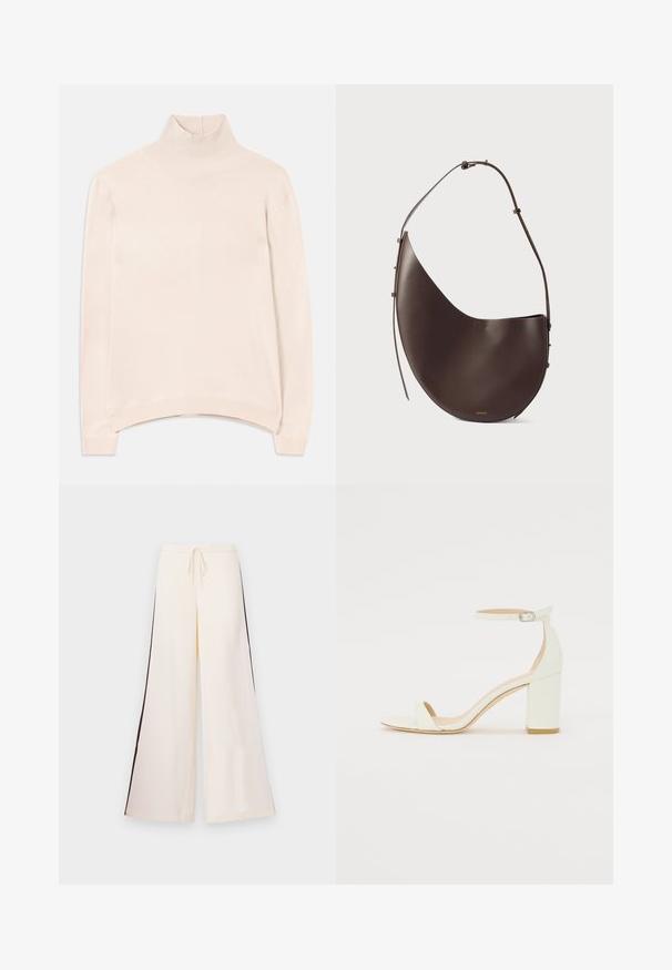 Pull à col roulé à manches longues rose clair avec un col et un ourlet côtelés, offrant une coupe décontractée et une texture douce et lisse.; Pantalons larges créme en tissu lisse, avec une taille à cordon et des rayures contrastantes foncées sur les côtés. Conception à l'avant plat, sans poches.; Sandale à talon bloc en cuir blanc avec une bride de cheville à boucle et un design minimaliste. Bout ouvert et textures lisses sur l'ensemble.; Sac à main en cuir brun avec une forme incurvée, une seule sangle et un design minimaliste. Présente un logo subtil et des accents en hardware doré.